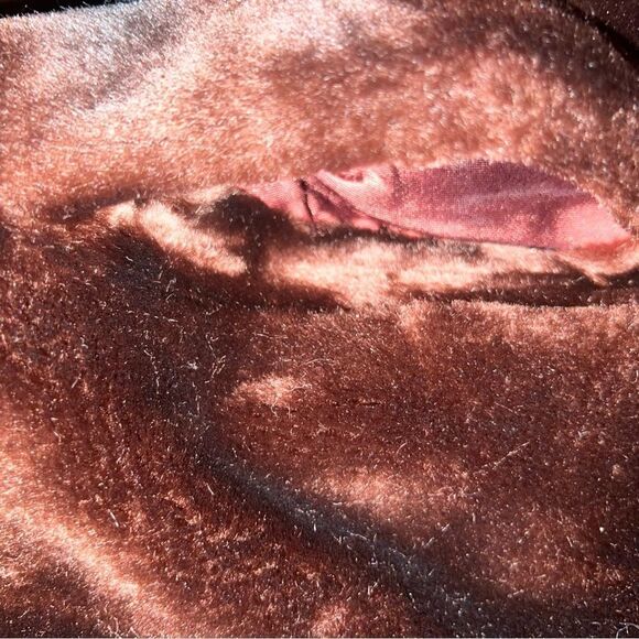 Vintage 70s Faux Fur Coat Brown Hood Full Oversized Jacket Bubble Sleeve Loeve M - Picture 14 of 16